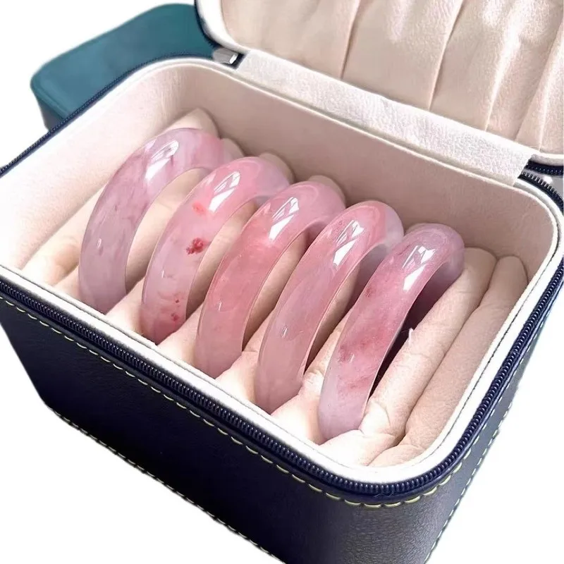 Xinjiang Golden Silk Bracelet, Natural Peach Blossom Jade Bangle, Translucent Pink