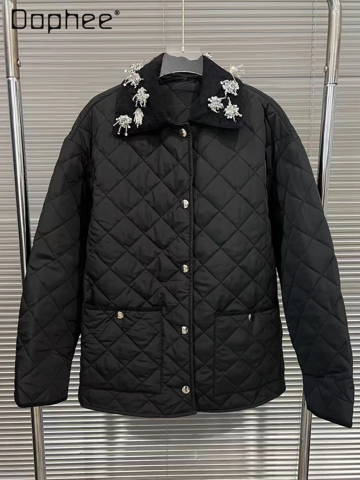 

Trendy Fashion Beaded Turn-Down Collar Thickened Cotton Jacket Korean Ins Plaid Patchwork Solid Color Versatile Loose Jackets