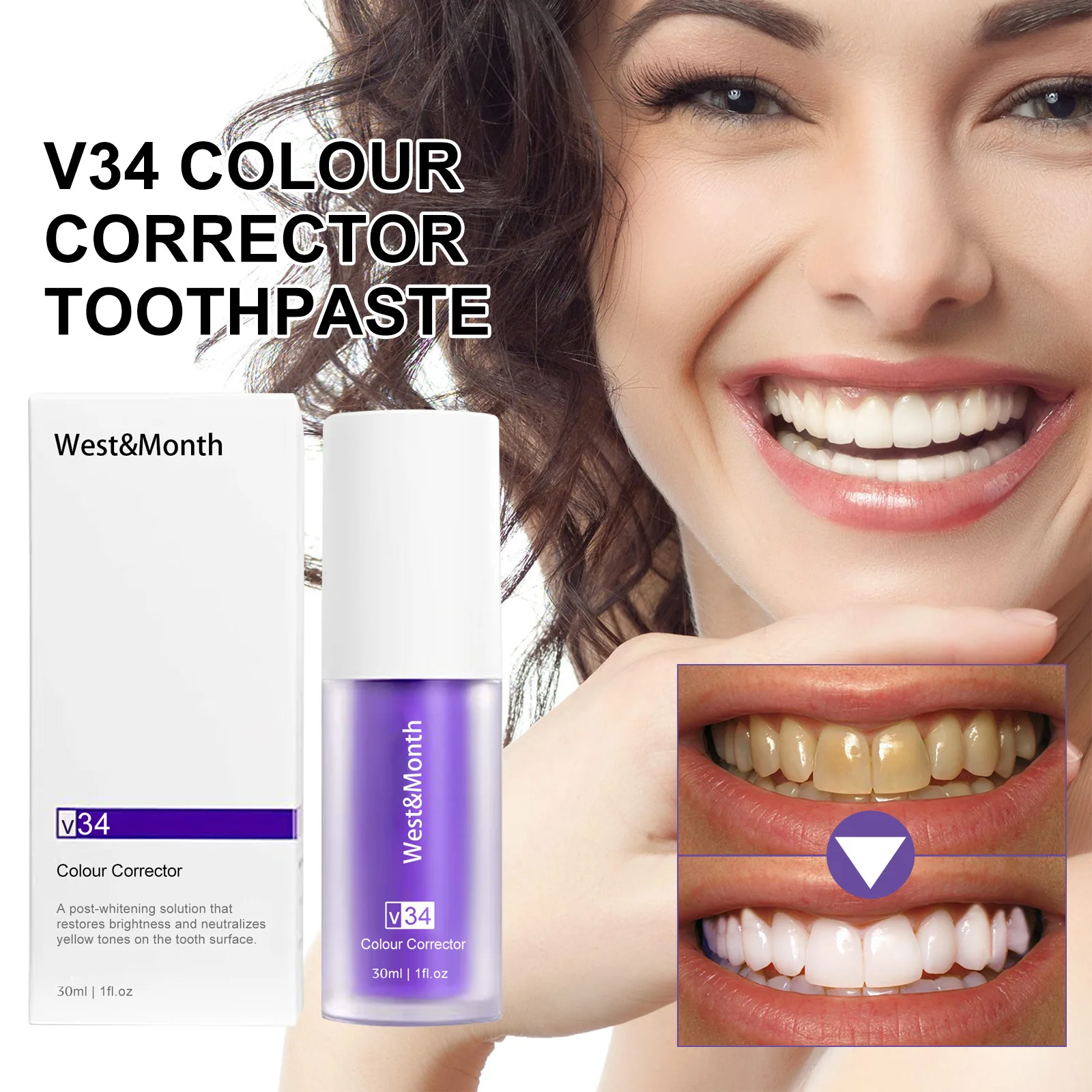 Pasta de dientes para blanquear los dientes, Corrector de color morado, brillo, Limpieza de manchas de dientes, olor Oral, V34, 30ml