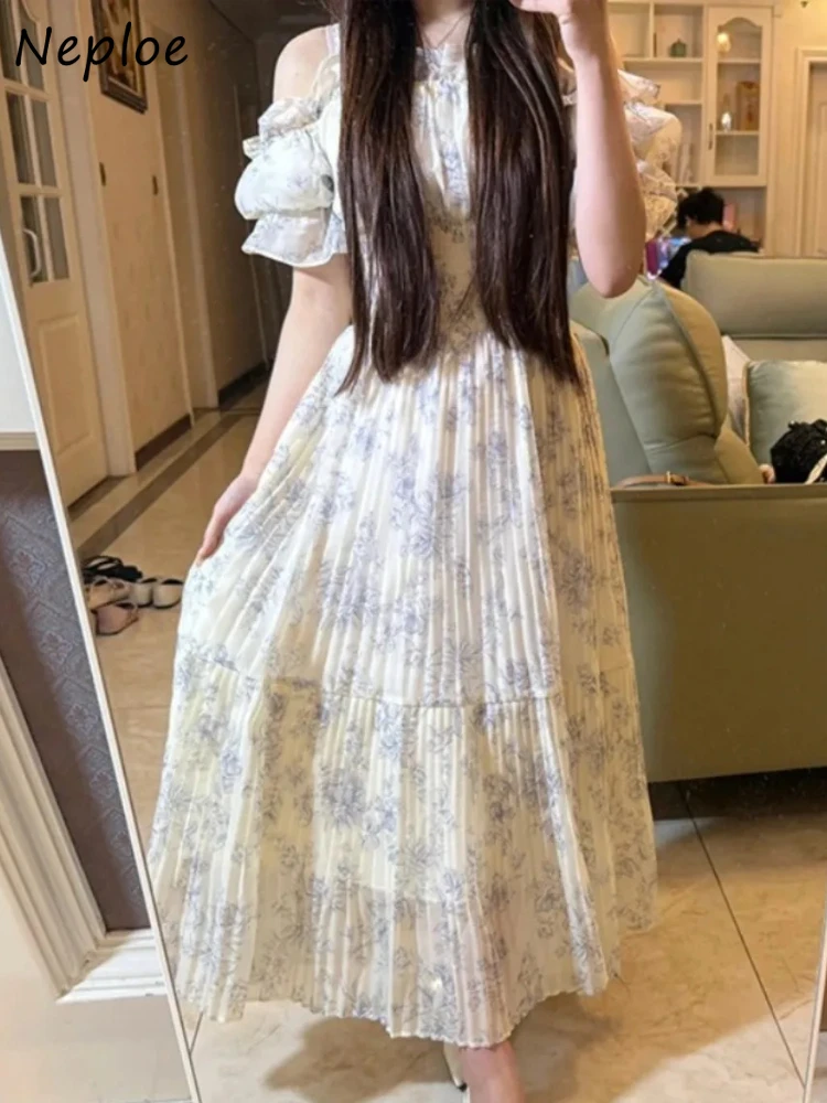 

Neploe Summer New Sweet Print Elegant Dress Slash Neck Puff Sleeve Slim Waist Luxury Robe Japan Big Swing Off Shoulder Mujer