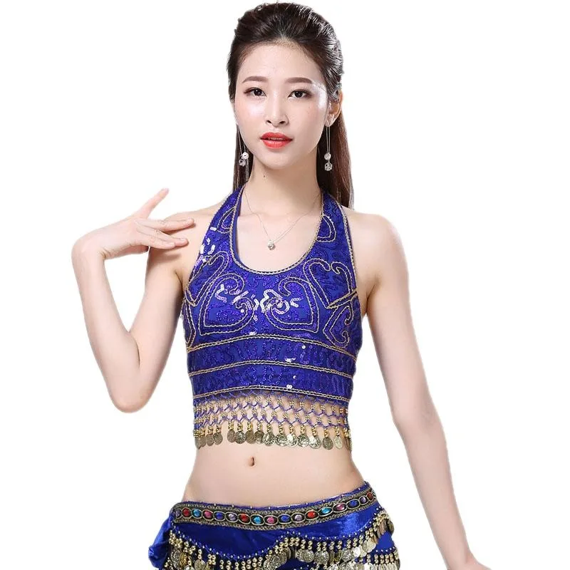 Vestido de actuación con lentejuelas para mujer, sujetador brillante para danza del vientre, Top con borla para colgar monedas, ropa de bailarina