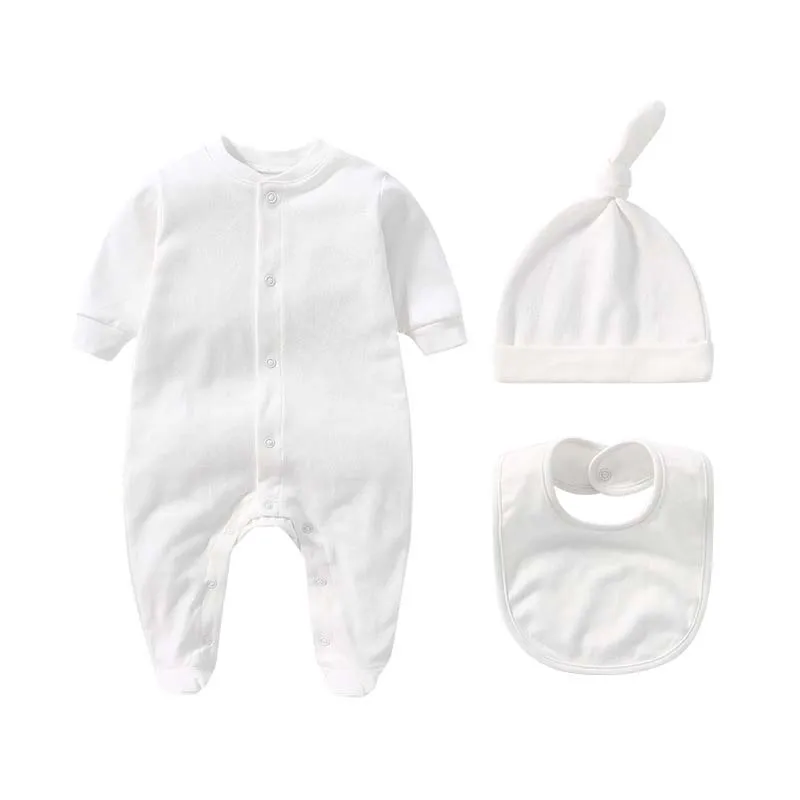 Newborn Baby 3Pcs Clothes Set 100%Cotton Solid Long Sleeve Footed Romper Hat Bib Unisex Infant Outfit Baby Shower Gift 0-3Months