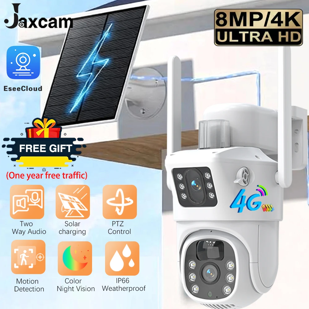 

8MP 4G SIM Card Lifetime Solar PTZ Outdoor Camera Dual Screen 4K Motion Detection Color Night Vision Surveillance Camera