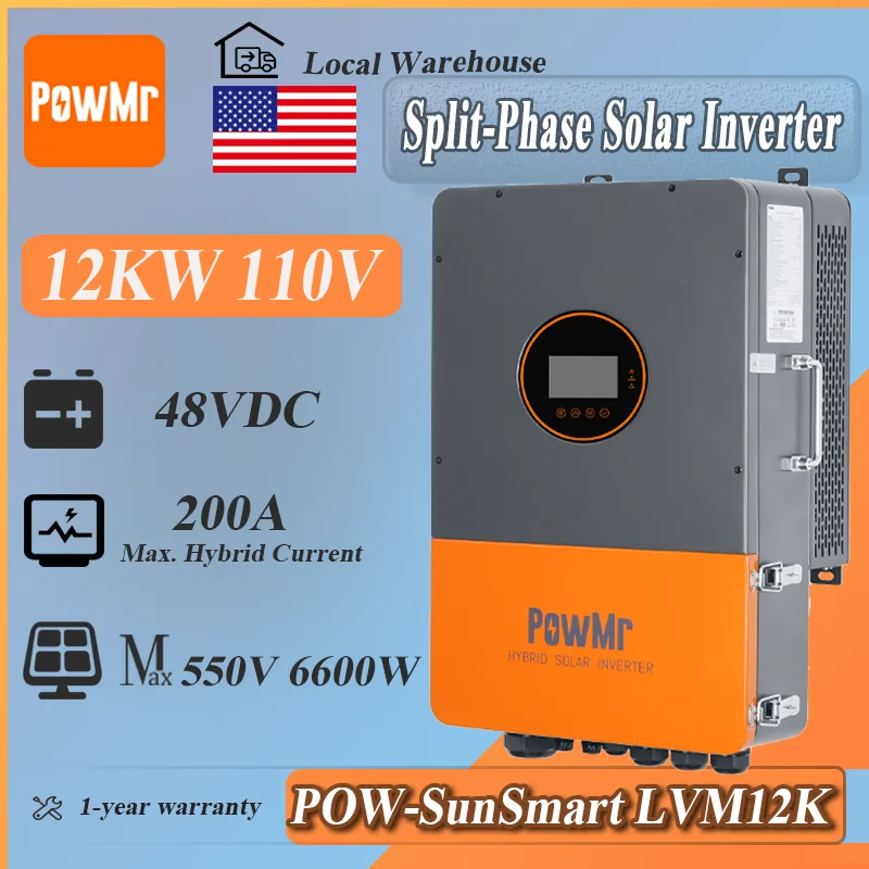PowMr 12KW 120V 240V split-phase Solar Inverter PV 550VDC 200A 48V Hybrid Inverter IP65 Dual MPPT input Parallel Up to 6 Units