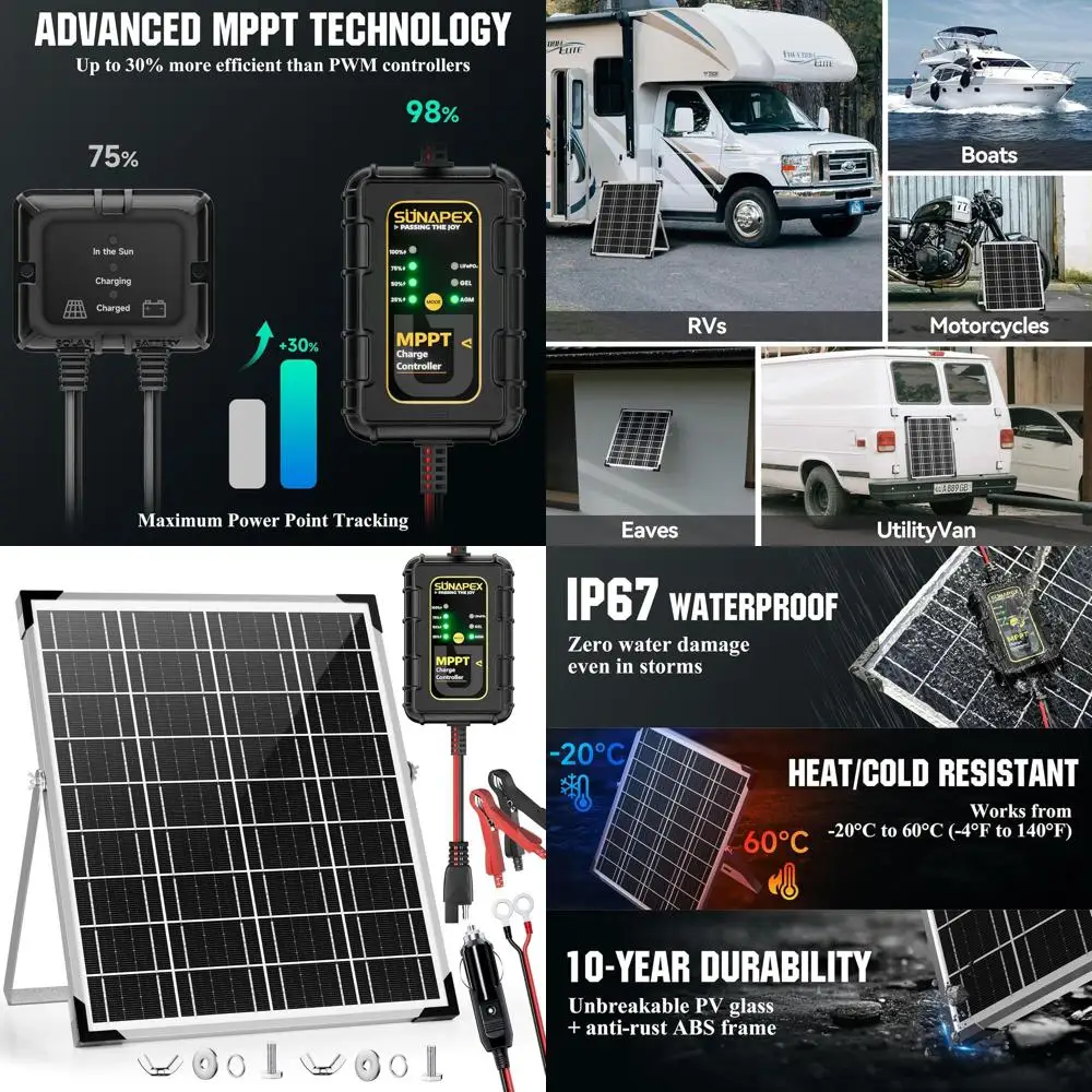 

12V Rechargeable Battery with 25W Waterproof Solar Panel Kit for Trickle Charging Car, Motorcycle, Boat, RV, Marine, and Agricul