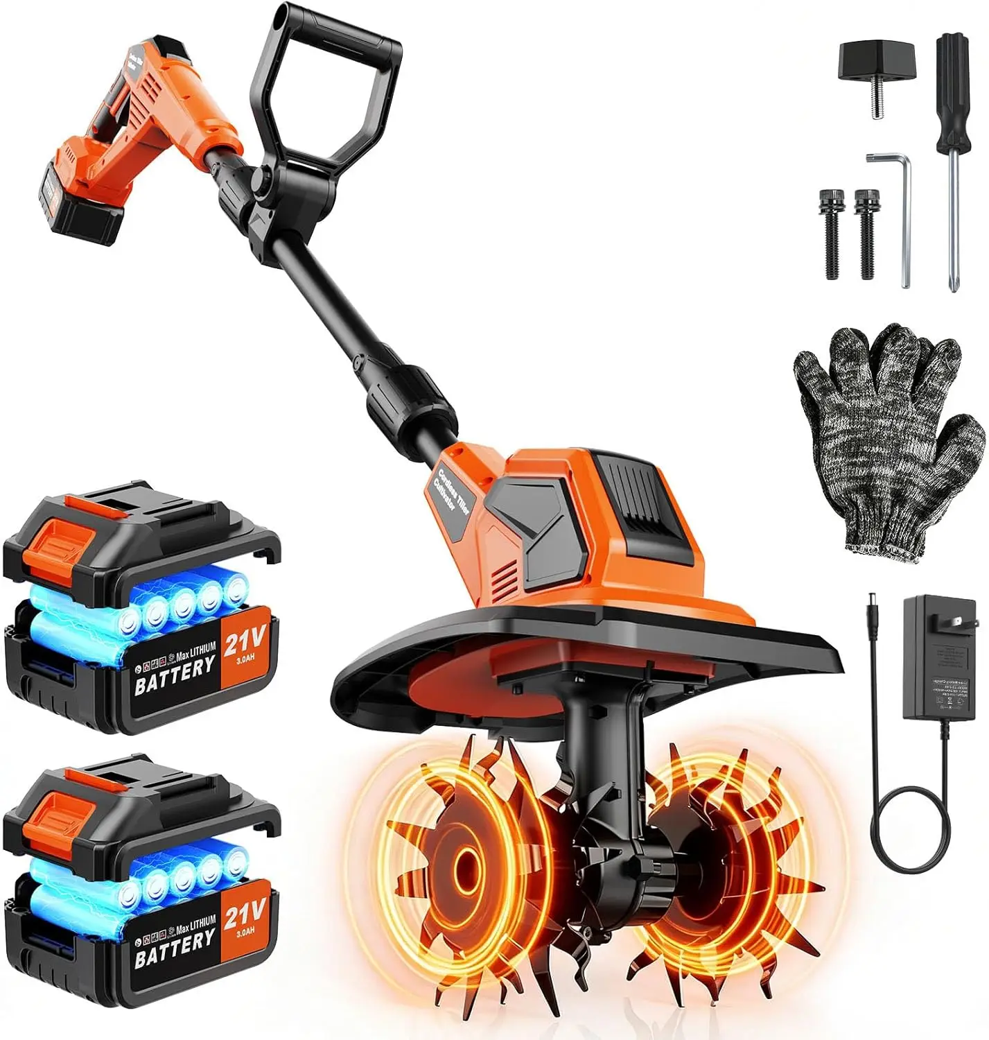 20V Cordless Tiller Cultivator, 400RPM Brushless Electric Garden Tiller with Battery & Charger, 9.5" Width for Yard/Lawn/Soil