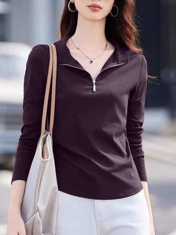 

Loose Fit Pure Cotton Long Sve Ne T-irt Women's Autumn Wear plus Size Slimming Belly Covering Base irt Top