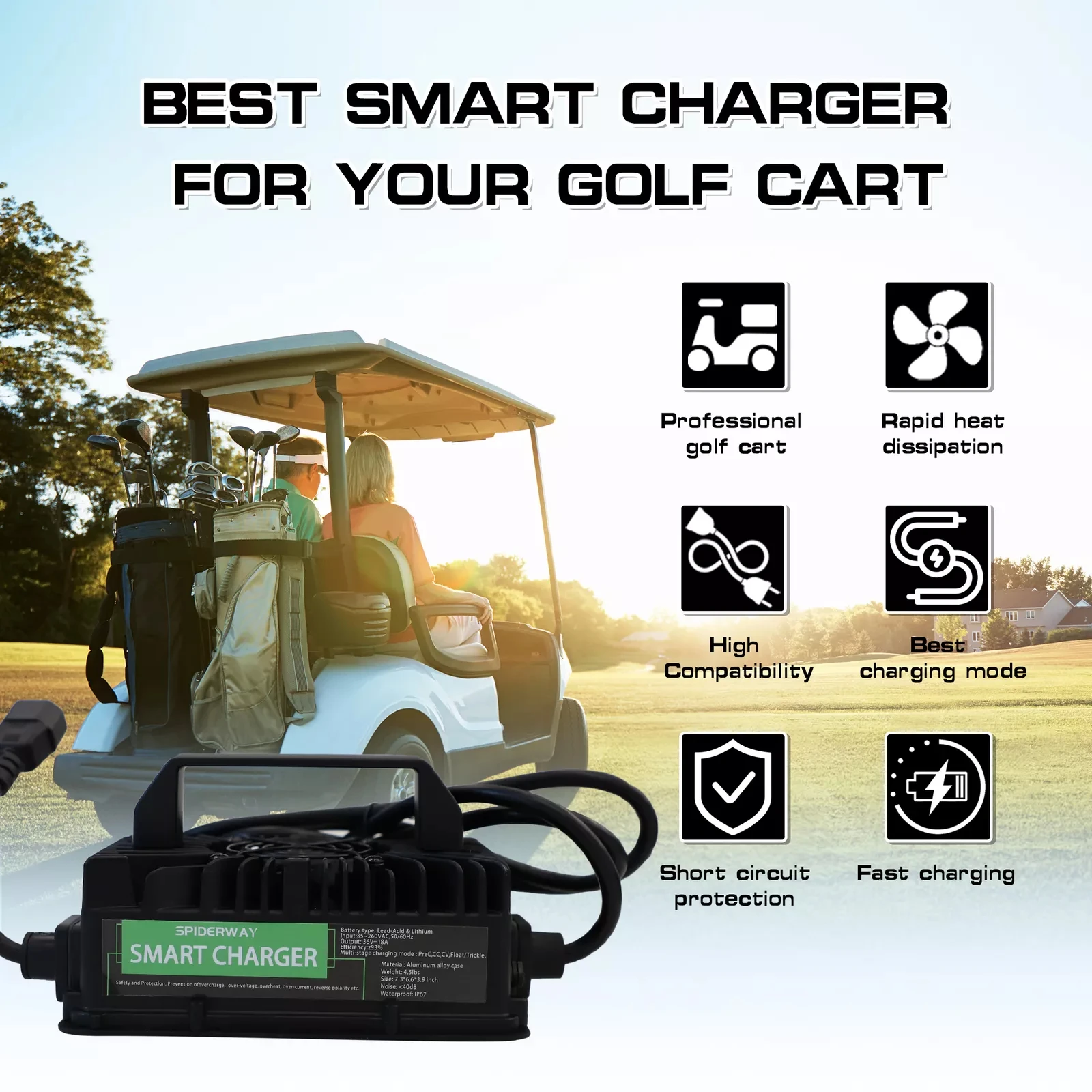 36V 18A Battery Charger Compatible EZGO Club Car Golf Cart, with O Ring Terminal Type Plug