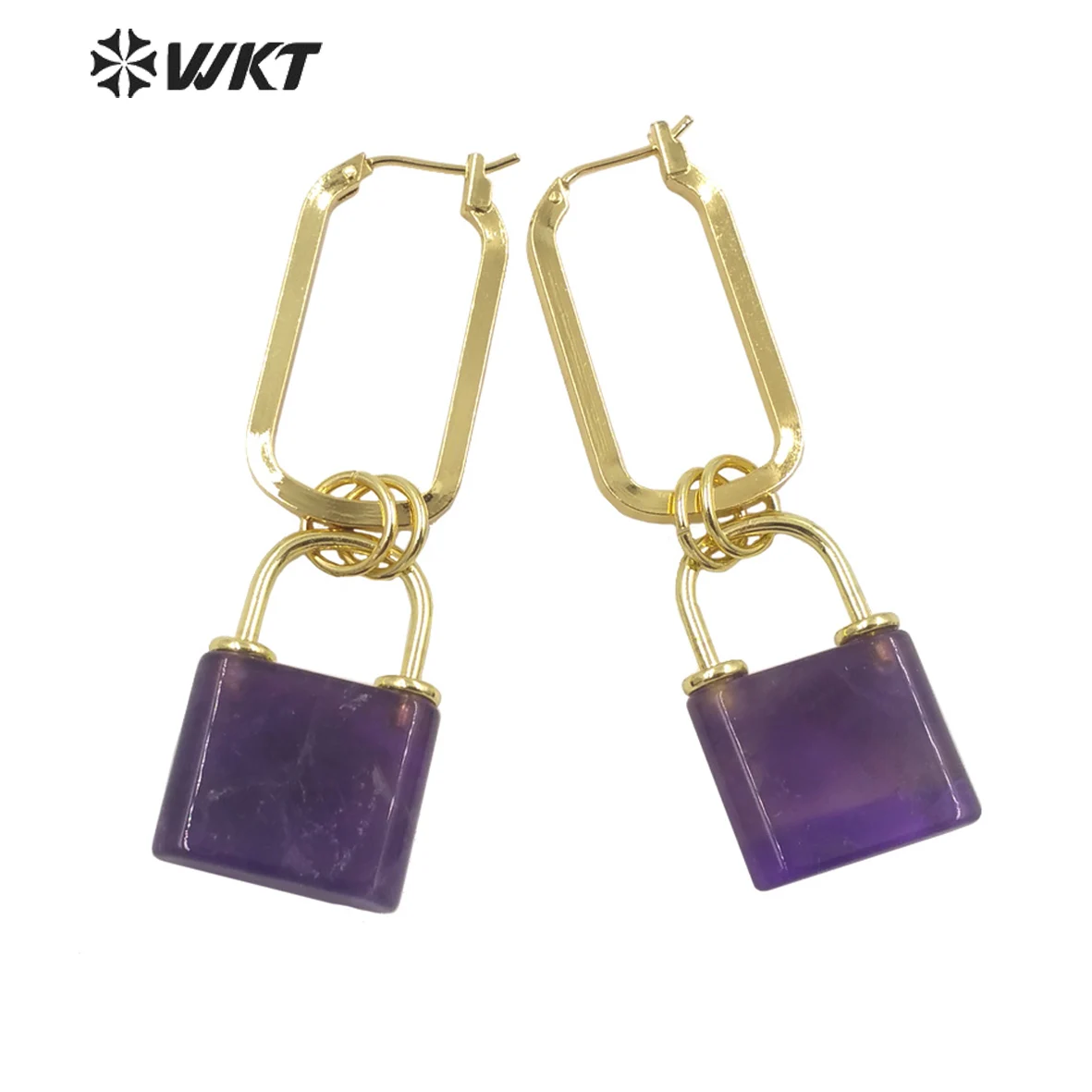 

WT-E670 WKT Featured Natural Stone Earrings Lock Head Shape with Rectangular Gold Hoop Ear Hook Style Eleven Colors Women's