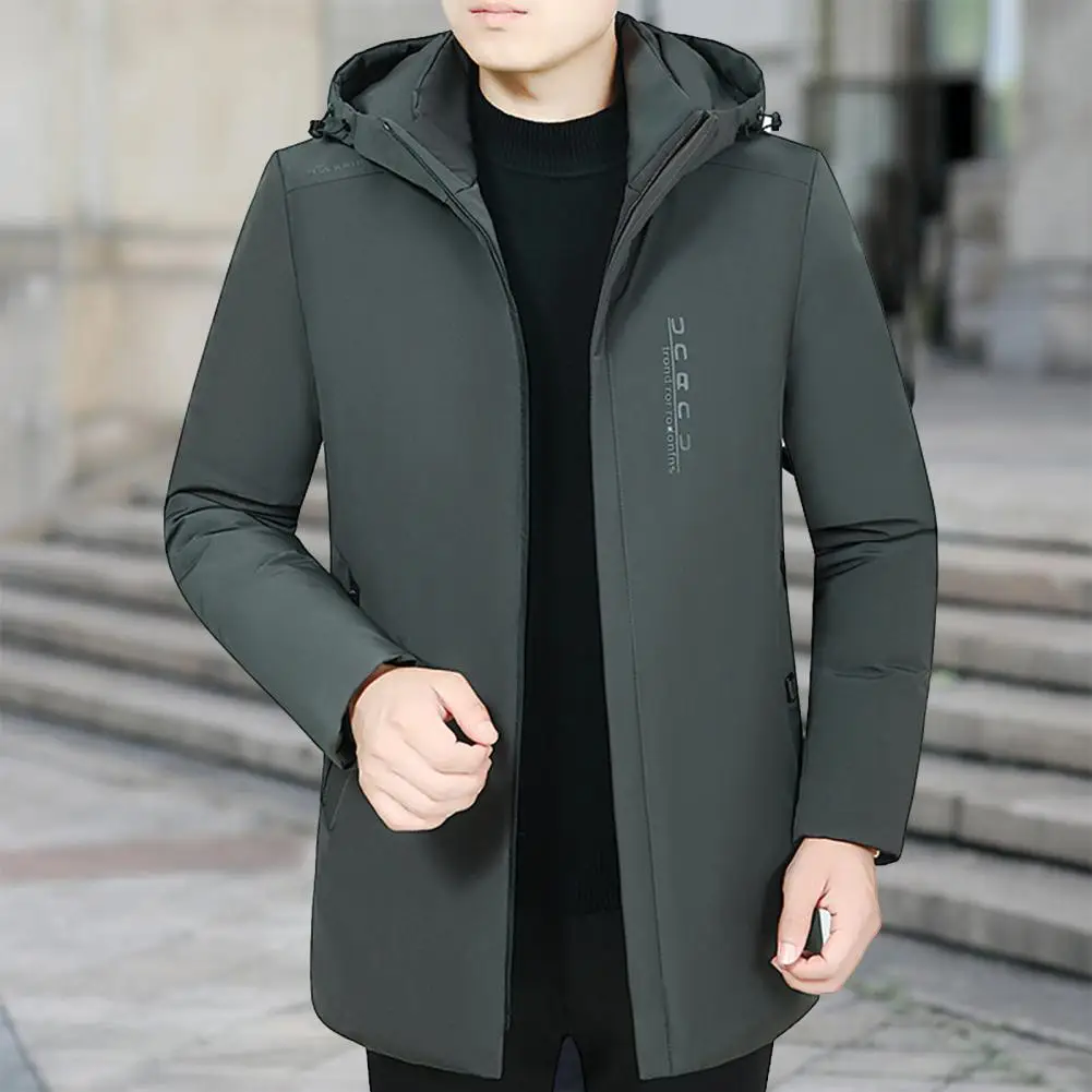 Men Coat Long Sleeve Stand Collar Multi Pockets Letter Print Men Coat Winter Thickened Cotton Padded Mid-Length Hooded Outerwear