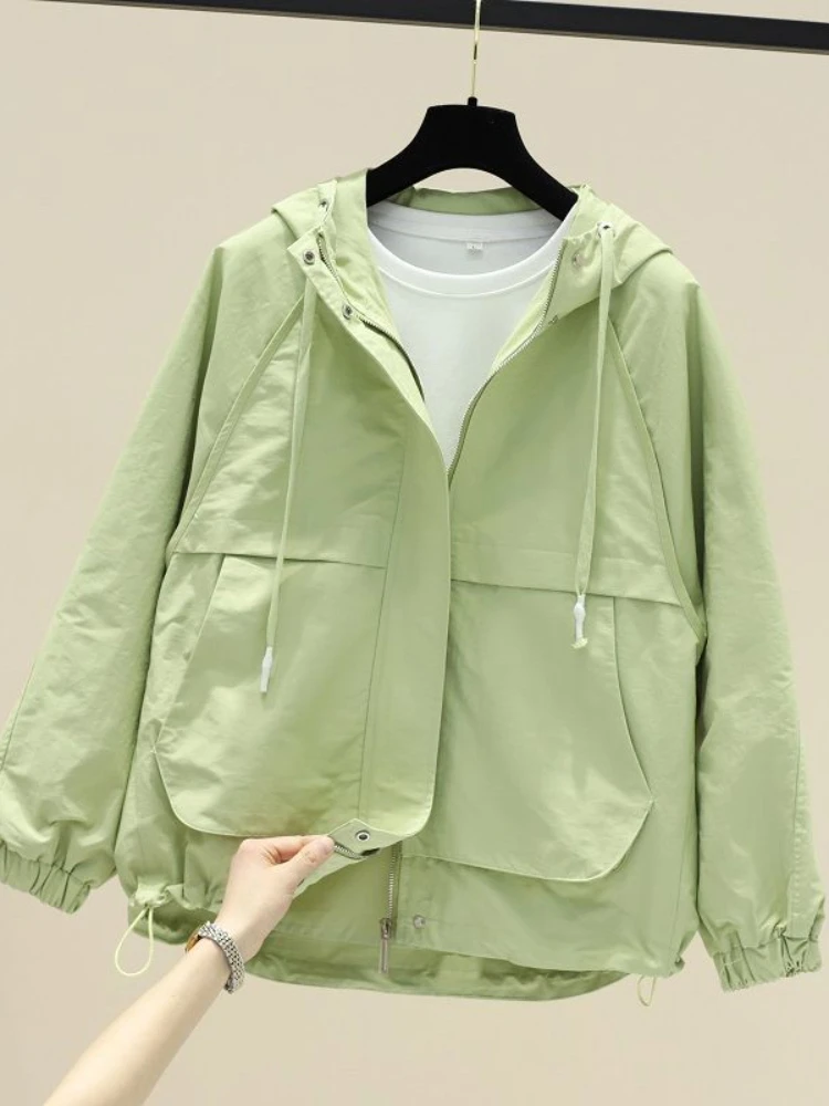 2024 Autumn Woman Short Trench Coat Fashion Korean Streetwear Loose Casual Hooded Elegant Green Women's Windbreaker Coat New