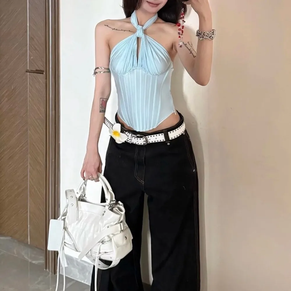 SylCue Ruched Knot Halter 탱크 탑 여성 섹시한 오프 숄더 백리스 불규칙한 밑단 스트리트 패션 다목적 스타일 솔리드 의상