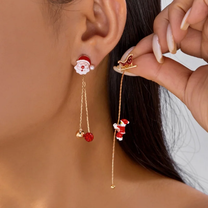 Snowflake Santa Claus Threader Tassel Earrings Red Sock Christmas Hat Dangle Drop Christmas Tree Earring Cute Christmas Studs