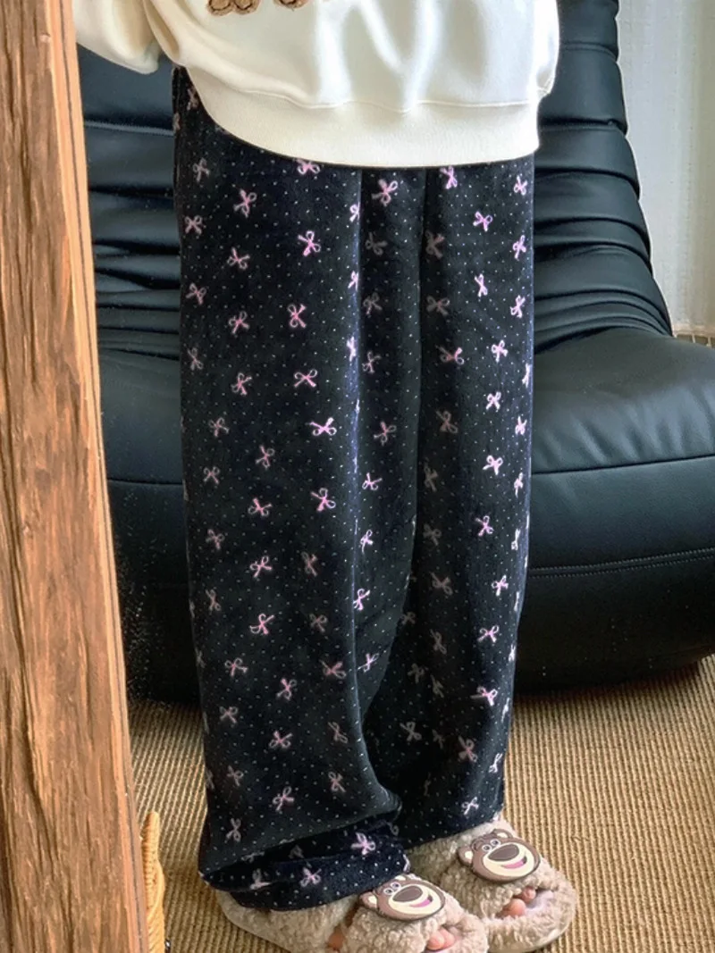 Cute Bowknot Print Flannel Pajama Pants Women's Warm Winter Lounge Trousers Loose Baggy Comfy Casual Homewear Sleep Pants for Au