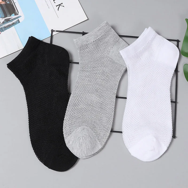 3 Pairs Summer Men Breathable Mesh Socks Thin All-cotton Breathable Black White And Gray Solid Color Ultra-thin Boat Socks