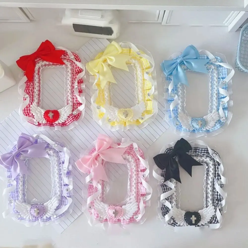 Cute Polyester Bow Photocard Holder Kawaii Lace Sleeve 3 inch Kpop Card Holder Angel Wing DIY Fabric Pendant Photo Decor
