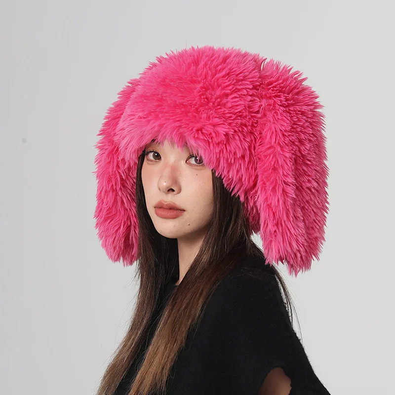 قبعة نسائية شتوية لطيفة على شكل أرنب بأذنين طويلة من القطيفة، تحمي الأذنين الدافئة ومنع البرد، مناسبة للمشي والتسوق اليومي في الهواء الطلق