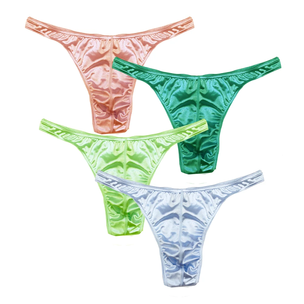 4Pcs/Bag Mens Panties Sexy Satin Silky Underwear Sissy Gay For Man Solid Color High QualityT-Back G-String  Many Styles