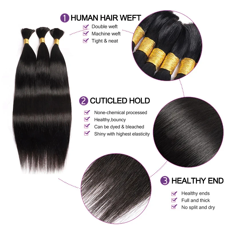 Straight Human Hair Braiding Bulk Hair Extensions 16-26 Inch No Weft Brazilian Human Hair Bundles 50/100 Per Pack For Braiding