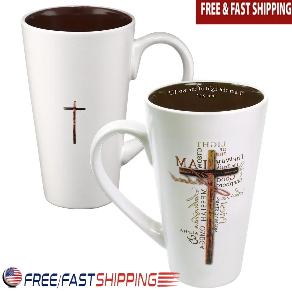 

Tall Stoneware Coffee Mug 16oz Bible Verse John 8 12 Names of Jesus Inspirational Gift Dishwasher Safe