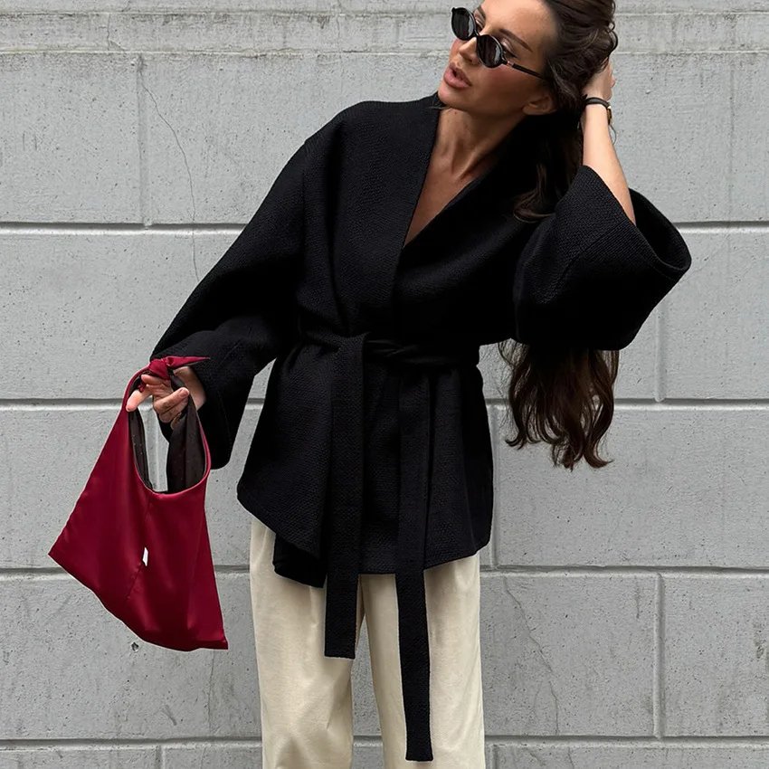 

2026 Fashion Black Textured Jacket Women Elegant Belted Kimono Coat Loose Batwing Sleeve Cardigan Chic Autumn Winter Outerwear