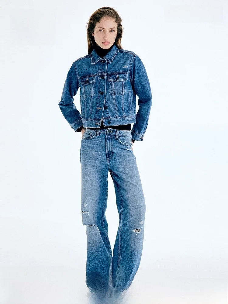 

Весна 2026: Новая женская джинсовая куртка HM2026 в уличном стиле, приталенная, из хлопка, с пуговицами и карманами, универсальный размер