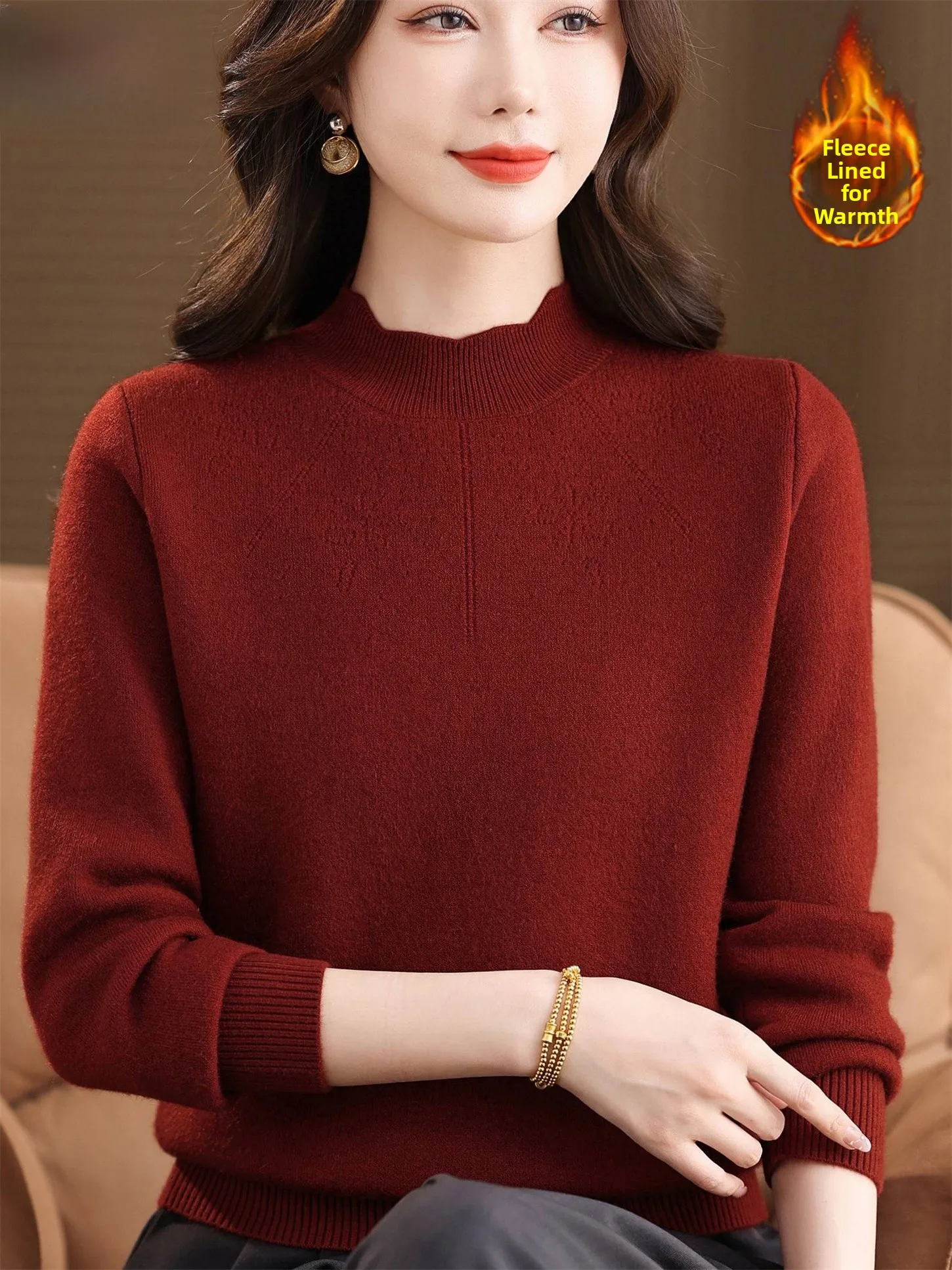 

Thiened шерстяной свитер с высоким воротником цельный Fce для женщин молодых мам модная теплая зимняя внутренняя одежда Base irt