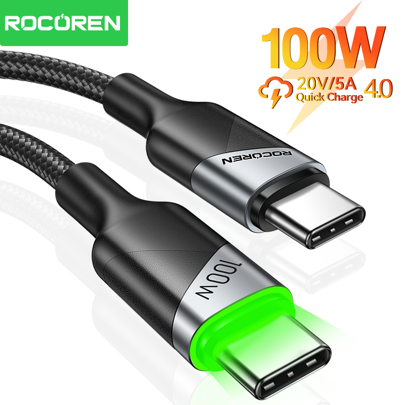  Rocoren 100W Type C To USB C Cable For Macbook iPad Samsung Xiaomi PD Fast Charging Charger Cord 5A E-Marker Chip Light Display 