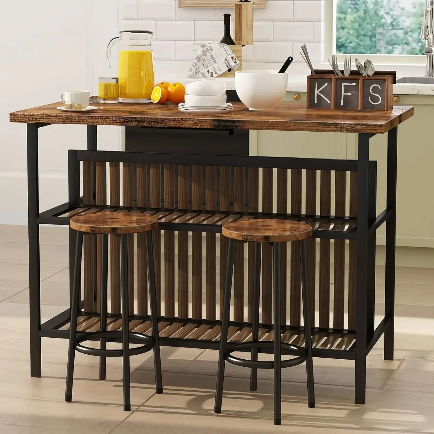 

Kitchen Island with Seating, 47.2 Inches Kitchen Island with 2 Barstool, Industrial Counter Height Table with Storage, Wooden