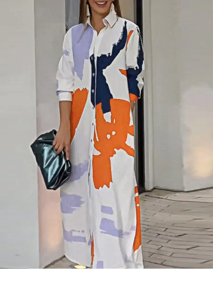 Women's Loose Casual Long Skirt Autumn And Winter New Fashion Printed Shirt Dress Elegant Commuting Long-sleeved Dresses