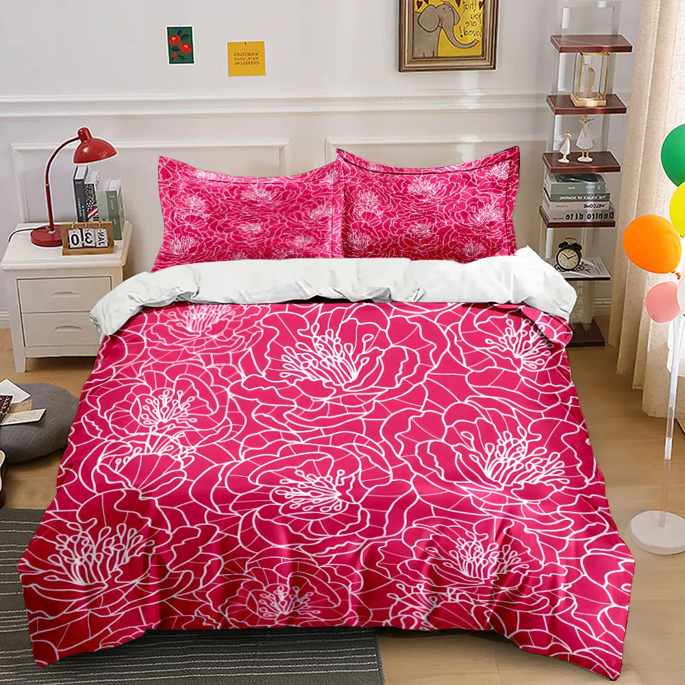 Simple white floral line pattern Bedding Set for Kids Luxury Gift 3pcs Digital Print Comforter Set Soft Comfortable Breathable