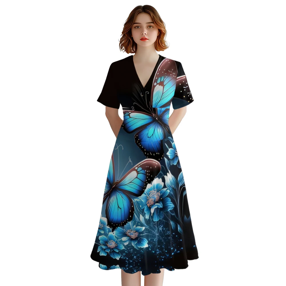 Summer Dress Fashion Butterfly Stylish Party Dress V Neck A-Line Dresses Resort Dresses Trendy Girl Vestido Women Elegant Robe