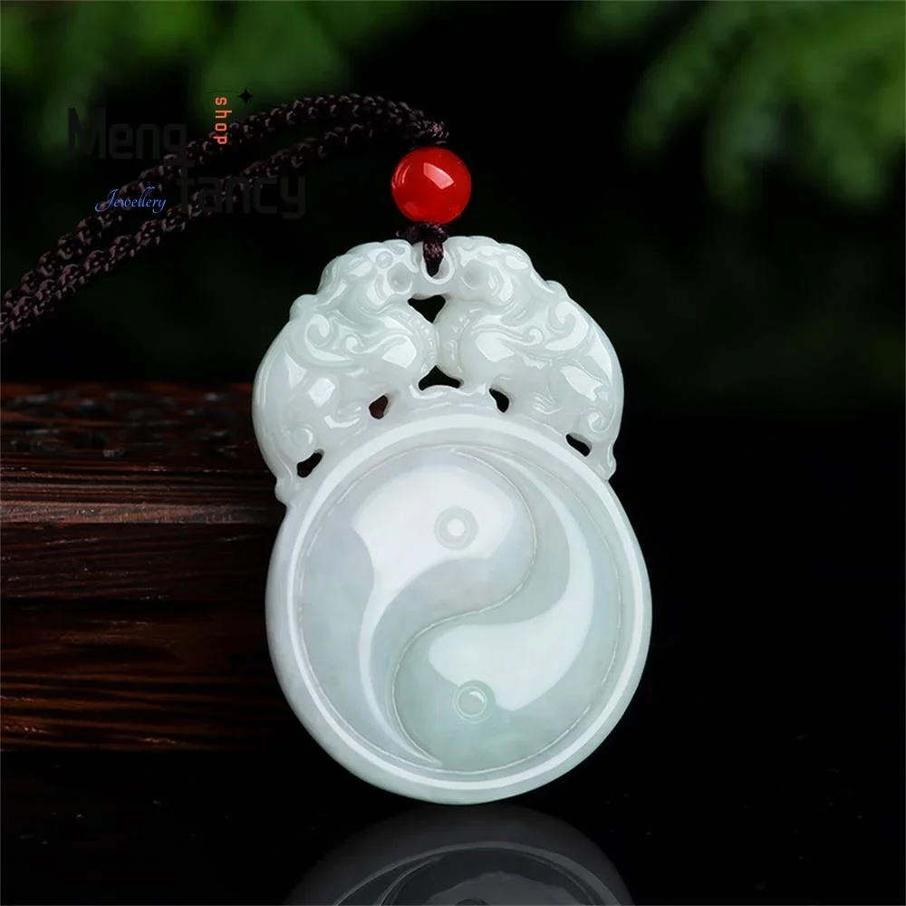 

Natural Myanmar A-goods Jadeite Fortune Double Pixiu Taiji Gossip Peace Button Pendant Exquisite Fashion Jewelry Holiday Gift