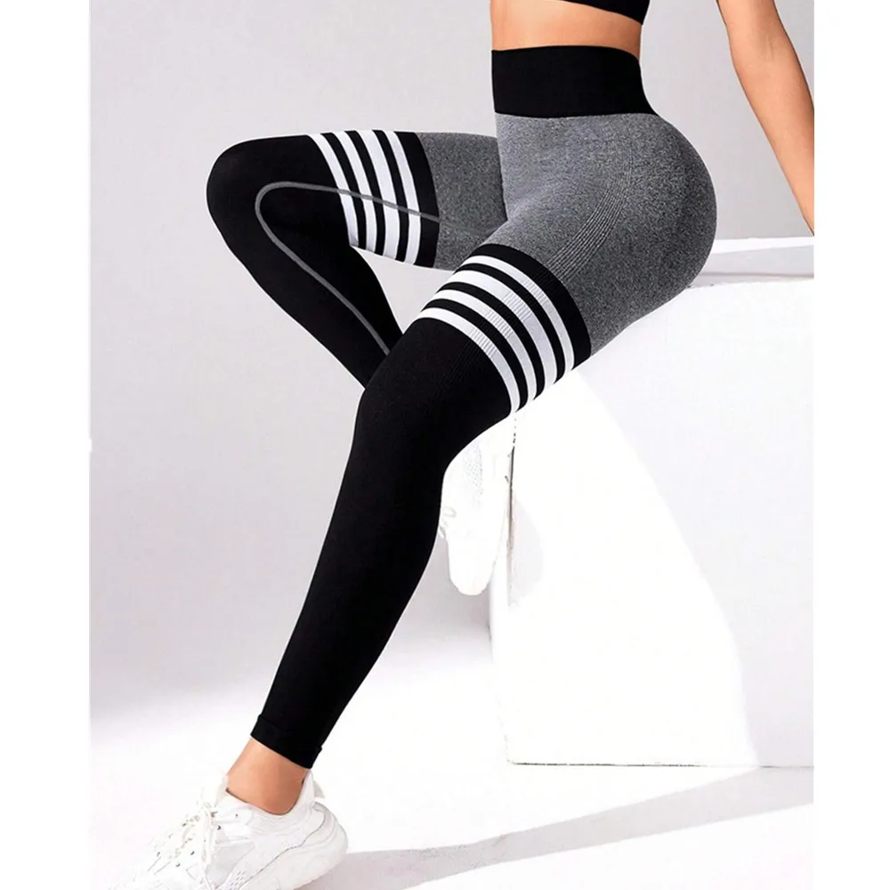 

2025 Women's Seamless Stripe Yoga Leggings Sexy High Waist Tummy Control Scrunch Butt Lifting GYM Workout Pants Sports Fitness