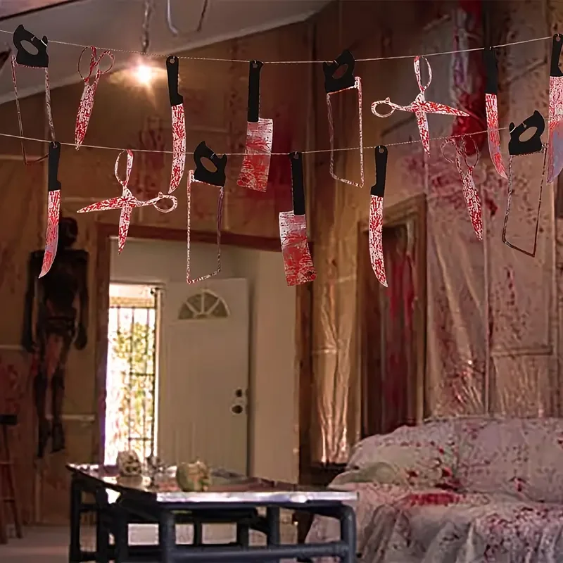 

Lifelike Halloween Horror Pull Flag Decorations Bloody Knife Hanging Ornaments for Trick or Treat Bar Party Christmas Gift ﻿