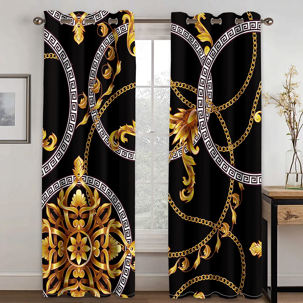 3D Print Modern Luxury Brand Design Black and Gold Pattern Thin Shading Polyester Curtain for Living Room Bedroom Decor Hooks