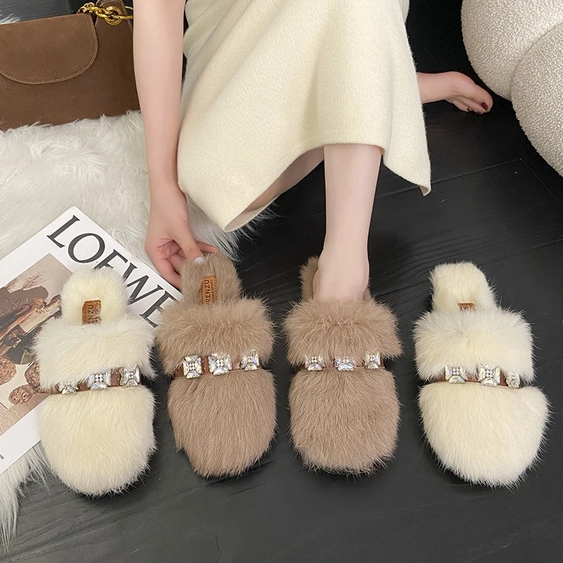 

2024 Autumn and Winter New Hair Slippers Wear Square Buckle Thick Heels Warm Fashion Women's Shoes