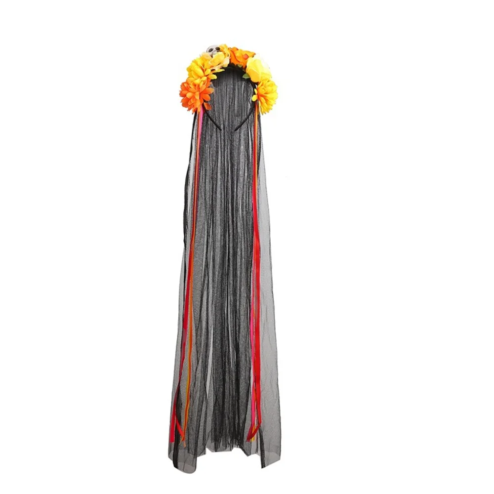 Neue Skelett Kopf Haar bänder Halloween Blumen Kopf bedeckung mit langen Spitze Damen Mädchen Tag der toten Party Cosplay Haarschmuck