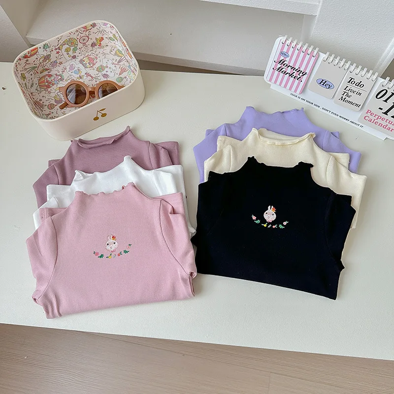 Ins Autumn Toddler Girl Undershirt Rabbit Sweet Printed Semi High Neck Baby Girl Shirts Long Sleeve Cotton Princess Kid Girl Top