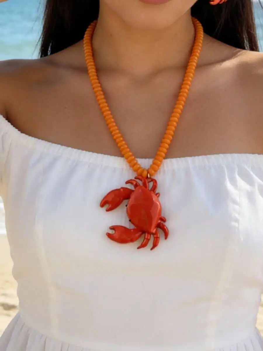 

Womens Orange Crab Pendant Beaded Necklace Bohemian Ocean Style Beach Party Jewelry