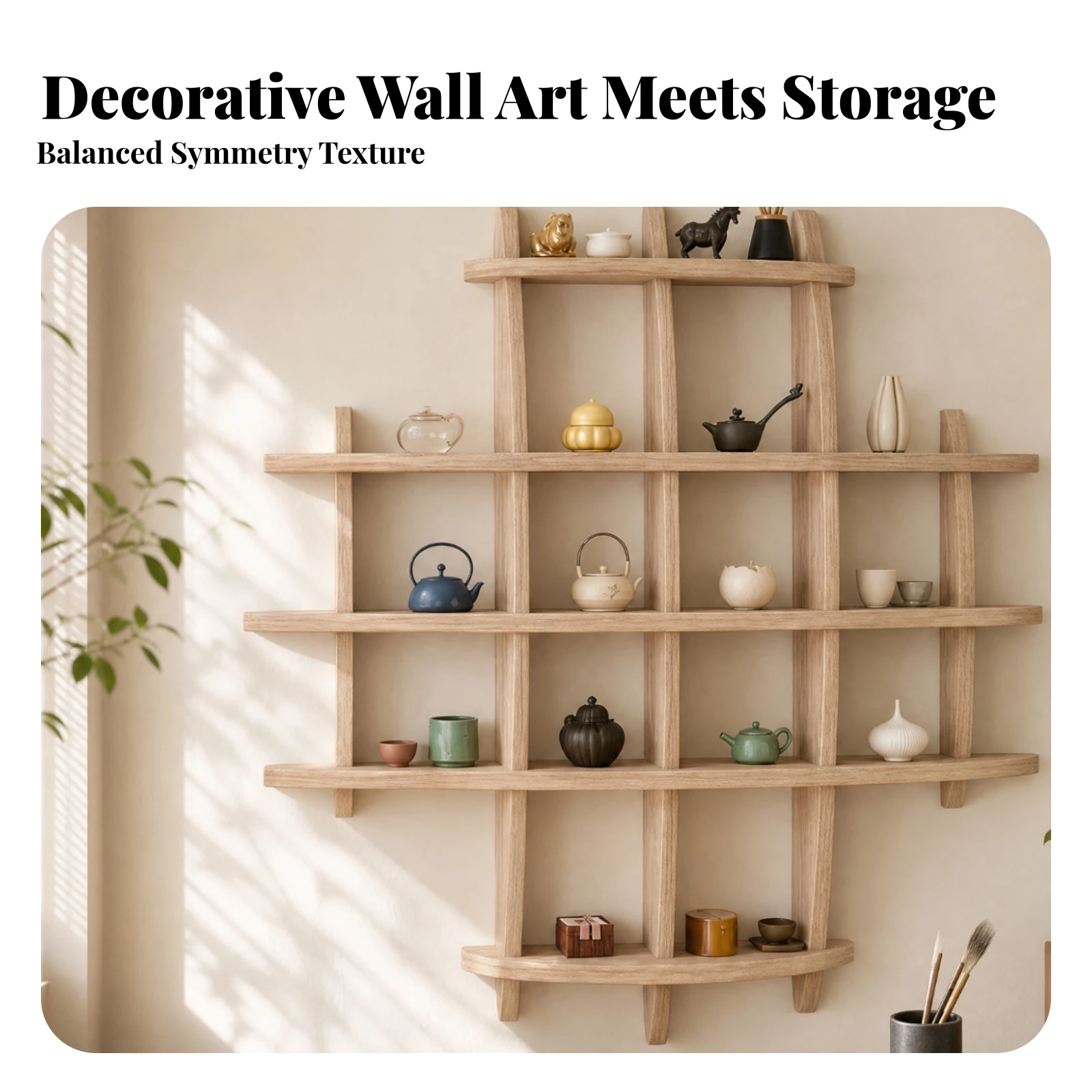 Wooden Wall Display Shelf Modern Tiered Grid Wall Rack Rustic Minimalist for Living Room, Reading Area