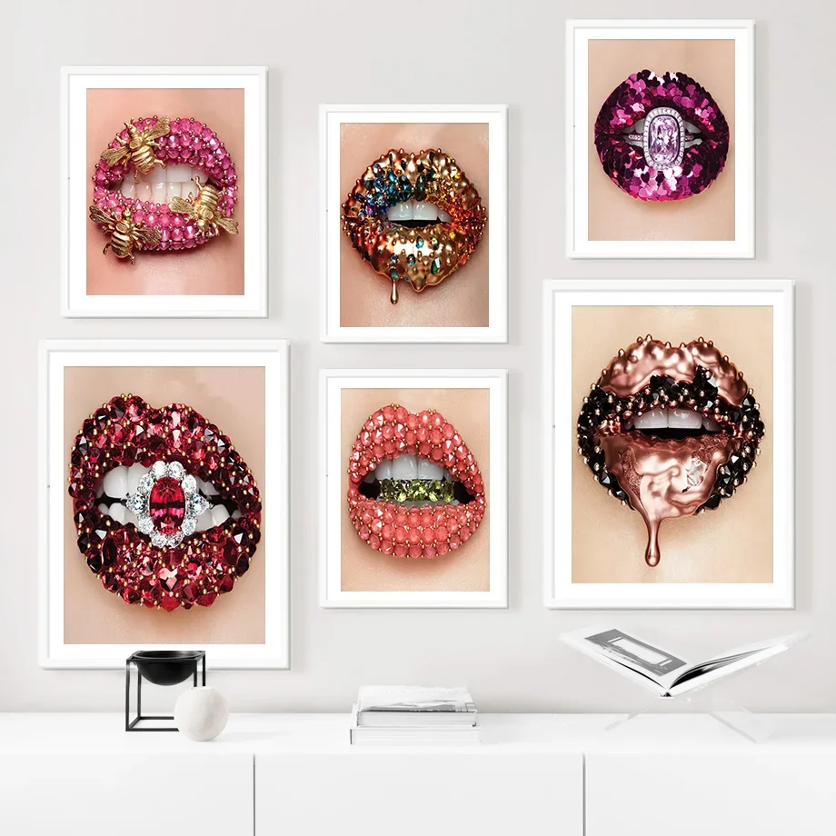 Ruby Diamond Gold Lipstick Sexy Hot Lips Wall Art Canvas Painting Nordic Posters And Prints Wall Pictures For Living Room Decor