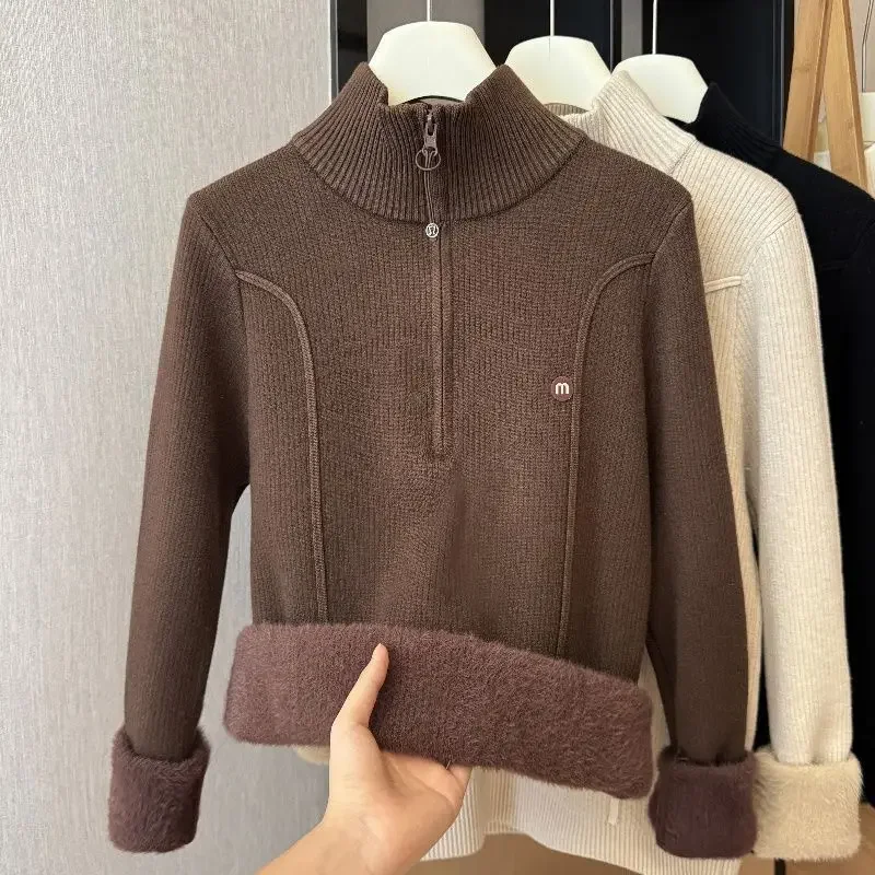 Plus Fleece Verdicken Solide Pullover Frauen Halb Hohen Kragen Stickerei Gestrickte Herbst Winter Im Freien Elastische Alle-spiel Pullover
