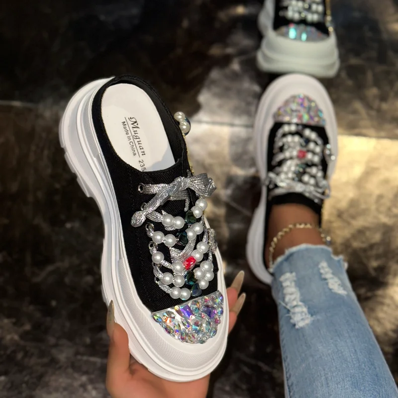 

Women Shiny Rhinestones Shoes Four Seasons Casual Sneakers Women Stylish Sport Shoes Lace-Up Sports Slippers Zapatos Mujer