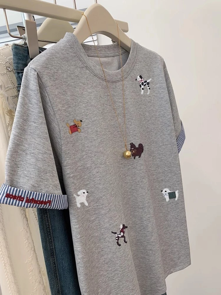 한국 스타일 안티에이징 만화 강아지 스플라이싱 반팔 티셔츠 유니섹스 여름 디자인 심플 매치 숄더 트렌디 탑