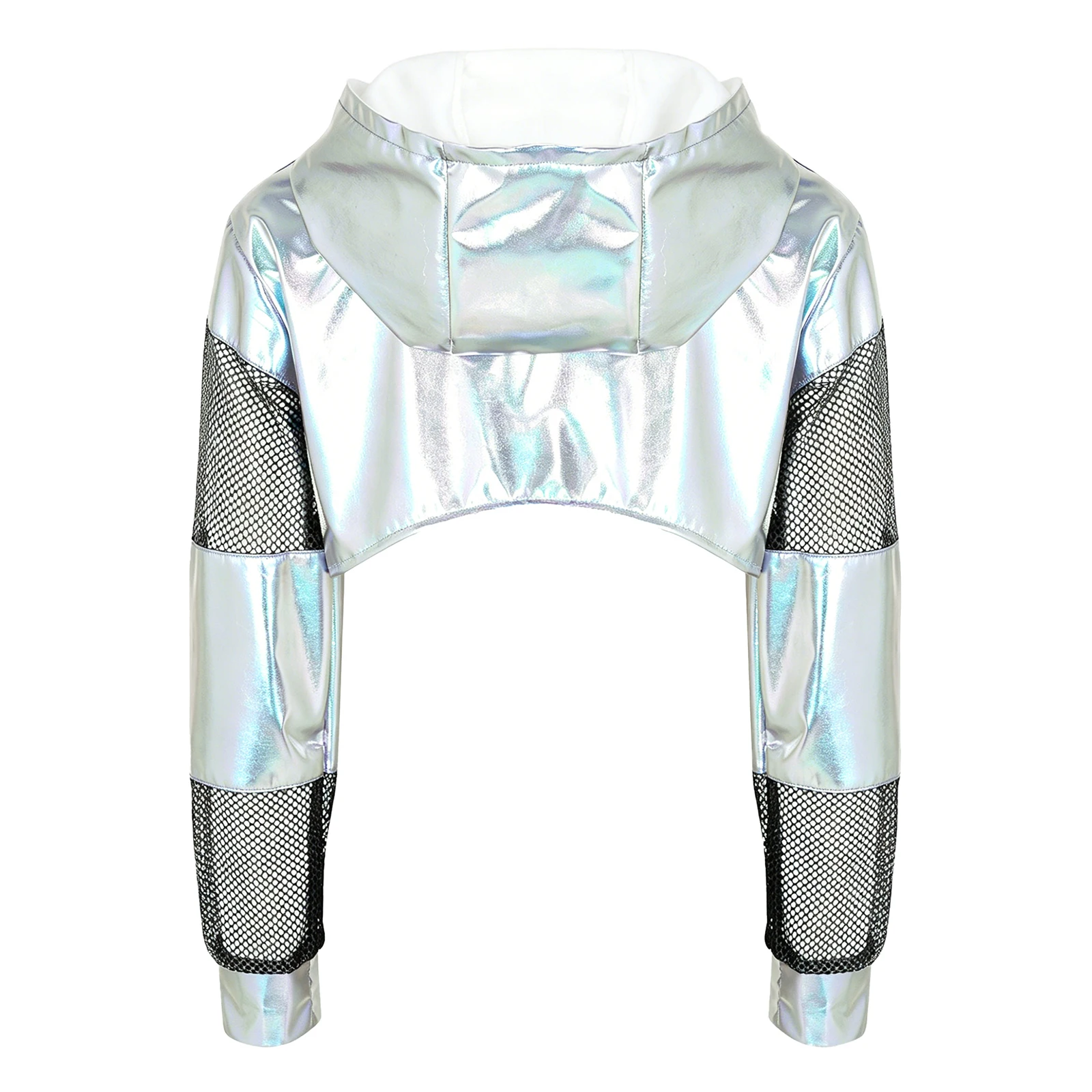 Kinder Mädchen Metallic Hoodie Hip-Hop Jazz Dance Performance Kostüm Mesh Patchwork Langarm Kapuzenpullover Crop Top Sweatshirt – Detail 5