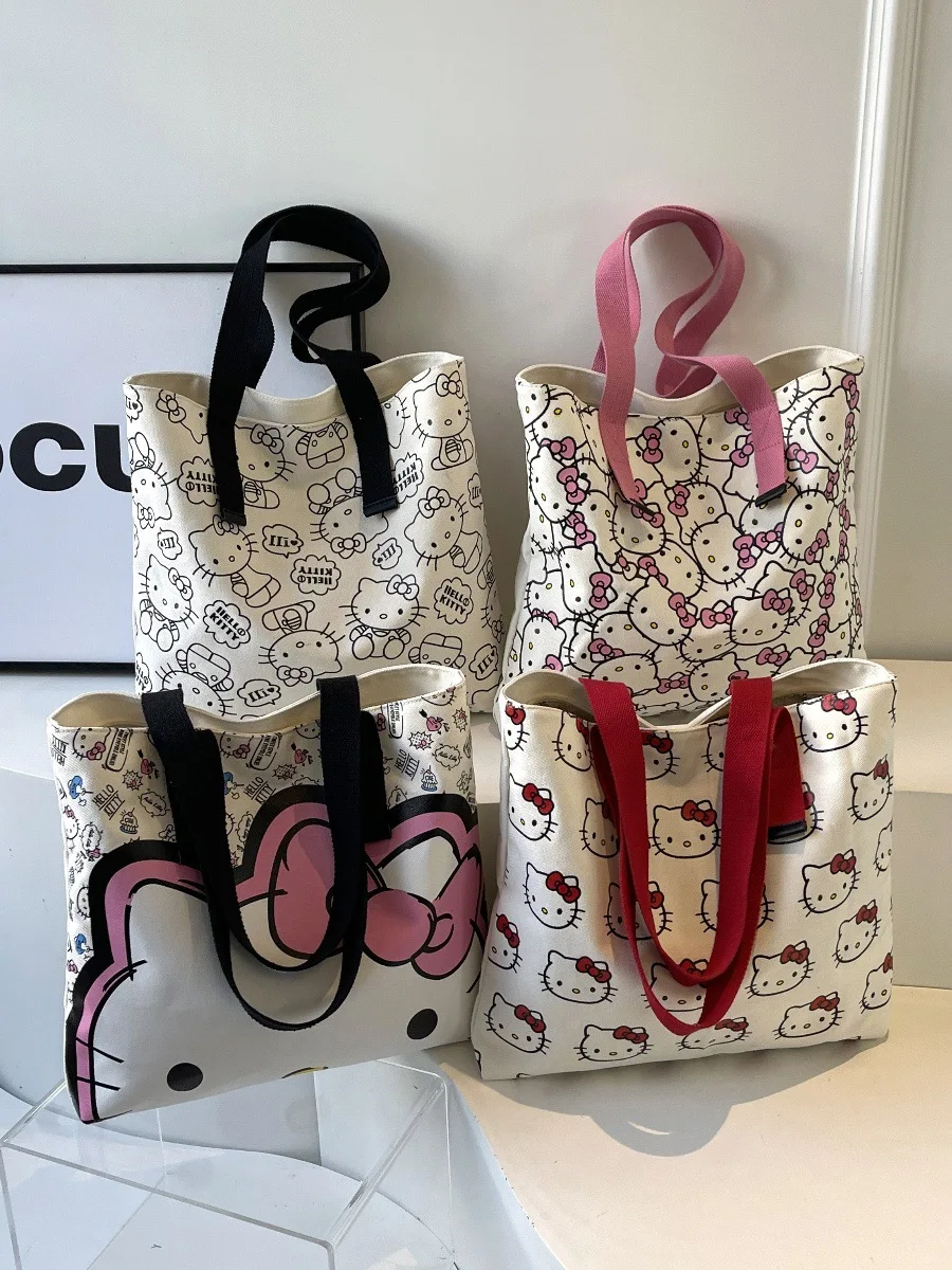 Kawaii HelloKitty torba na ramię moda damska prosta torba płócienna o dużej pojemności letnia nowa torba z grubej bawełny przenośna torba na zakupy