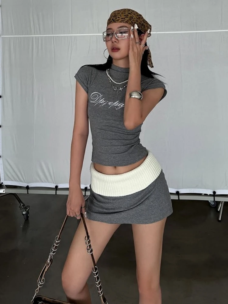 

Letters Print Crop Top Low Rise Mini Skirt Sets Sexy Two Piece Set Women Streetwear Conjuntos De Falda Solid Ensembles De Jupes