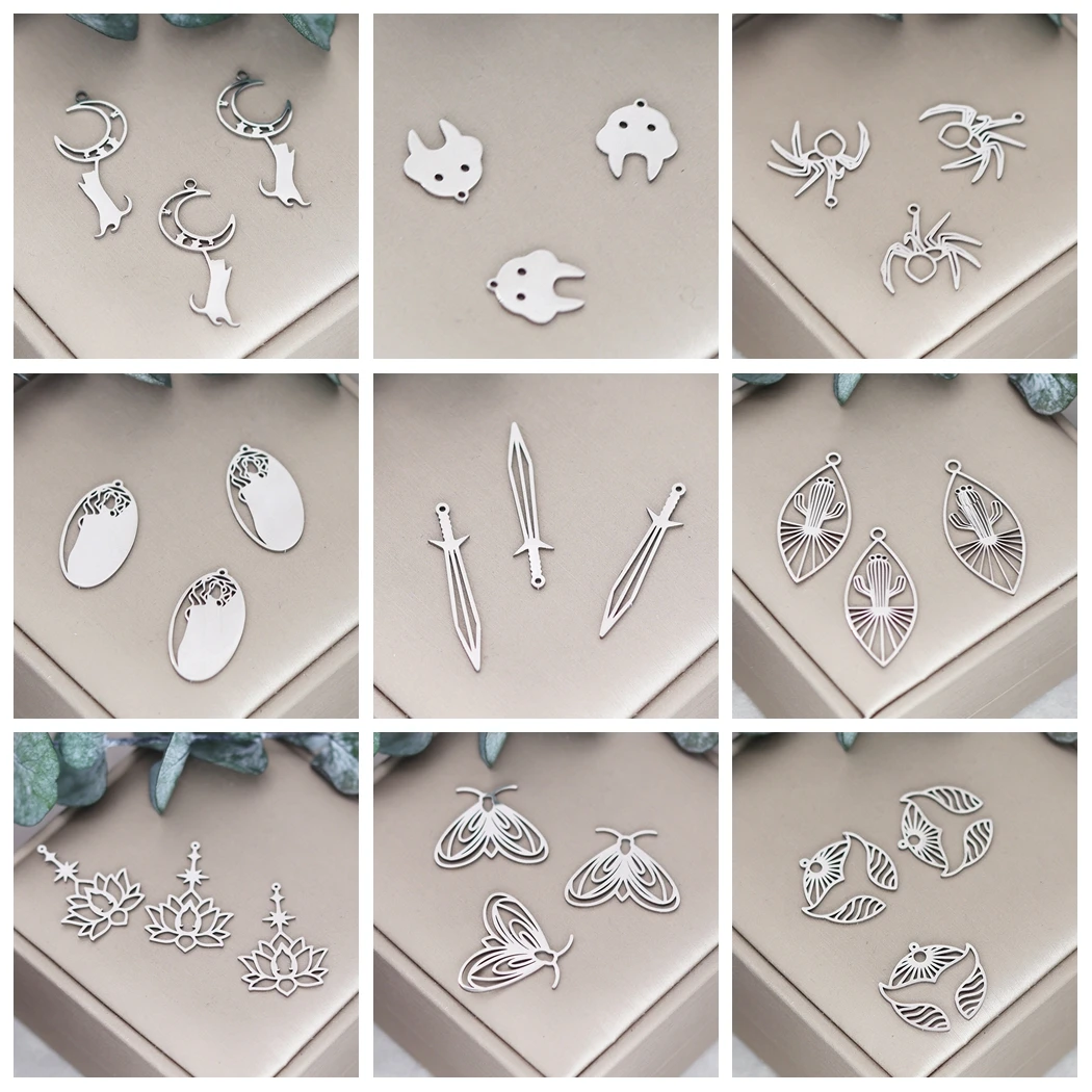 3pcs Cat Moth Charms Diy Earrings Necklace Bracelet Stainless Steel Lotus Flower Oval Cactus Leaf Charms For Jewelry Making