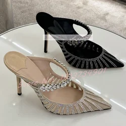 Mesh Crystals Elegant Pointed Toe Slippers Female Fashion Satin Outdoor Thin High Heels Mules Women Casual Chic Party Slippers